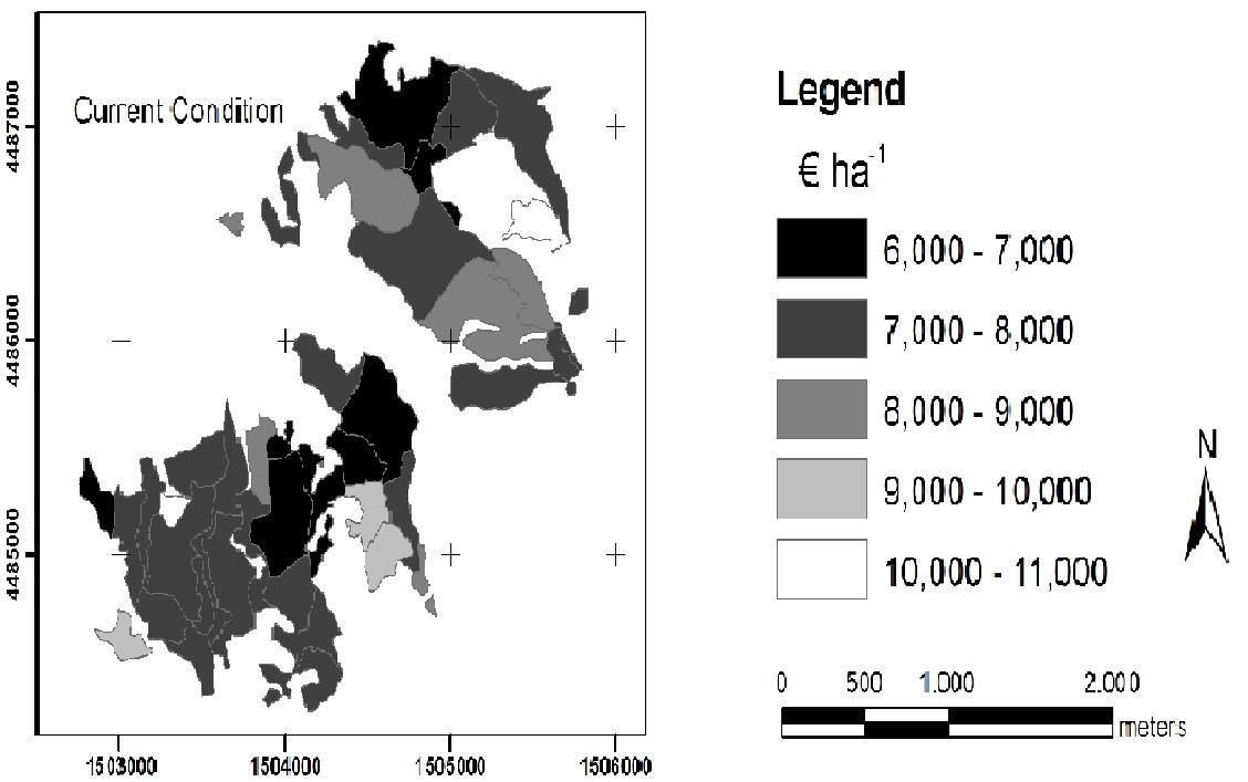 Map of the economic values of total annual production of selected goods and services in selected pure cork oak forests