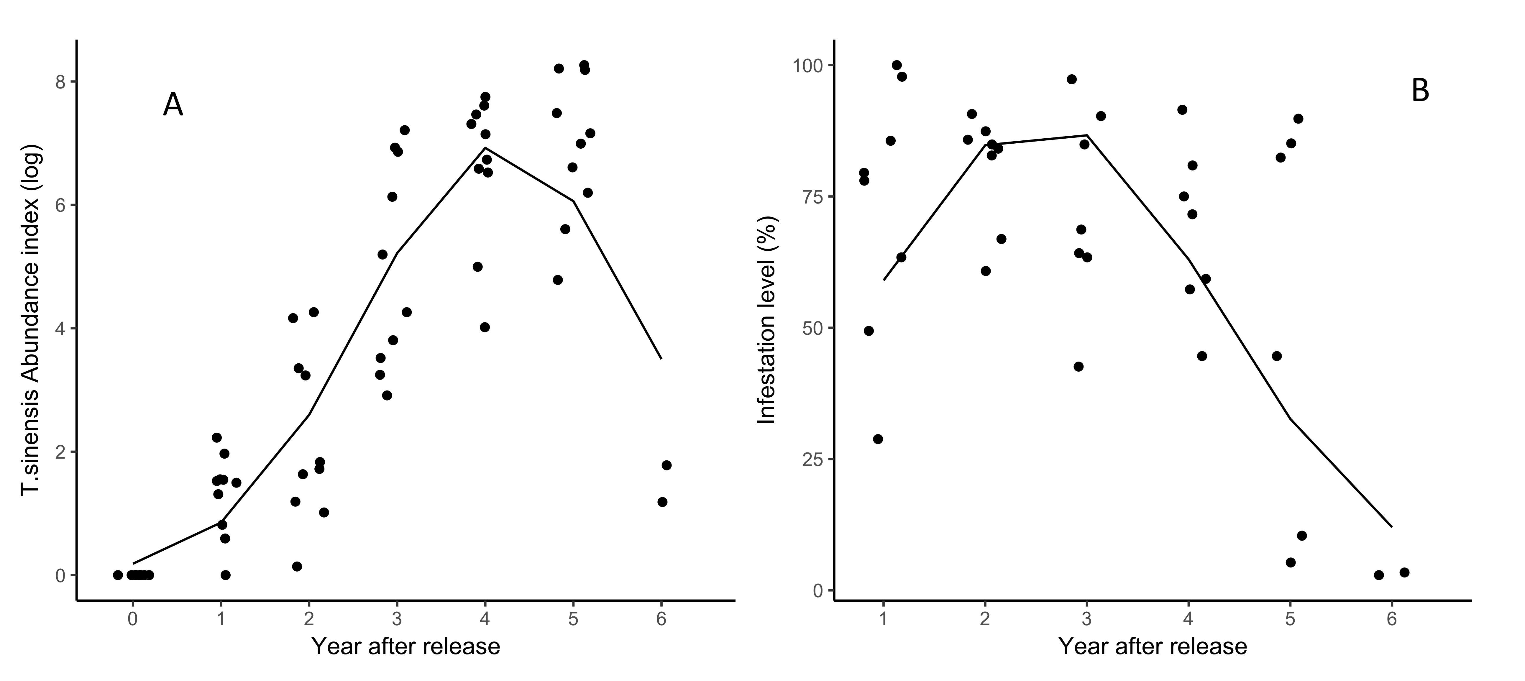 Dynamics of Torymus sinensis and Dryocosmus kuriphilus in France, based on datasets including populations monitored over 4 years; the black lines represent the model predictions (A, GLMM with a Poisson distribution; B, GLMM with a binomial distribution). A: abundance of T. sinensis (logarithm of raw data) over time (year since release); B: infestation level (% buds with at least one gall) of D. kuriphilus over time (year since releases of T. sinensis)