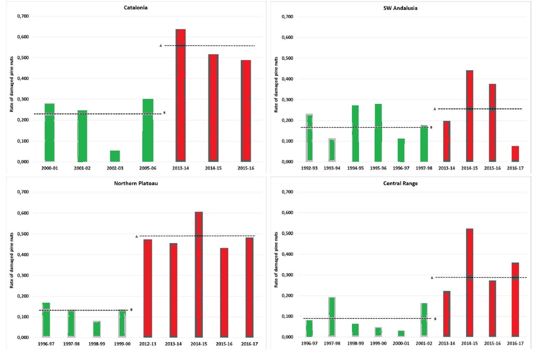 Percentage of empty pine nuts has increased after expansion of Leptglossus occ.