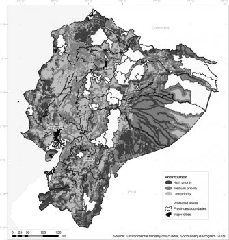 Map of priority areas for Socio Bosque. Source: Ministry of Environment, Ecuador.