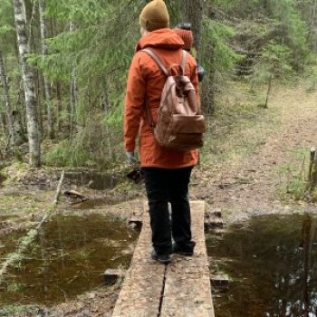 Person stood on a plank bridge in woodland Person stood on a plank bridge in woodland